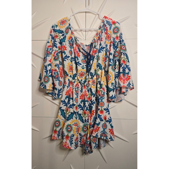 Flying Tomato Pants - Flying Tomato Floral Medallion Bell Sleeve Romper Blue Red Boho Small READ